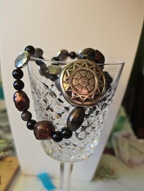 Gold-Tone Medallion Necklace with Iridescent Brown Beads